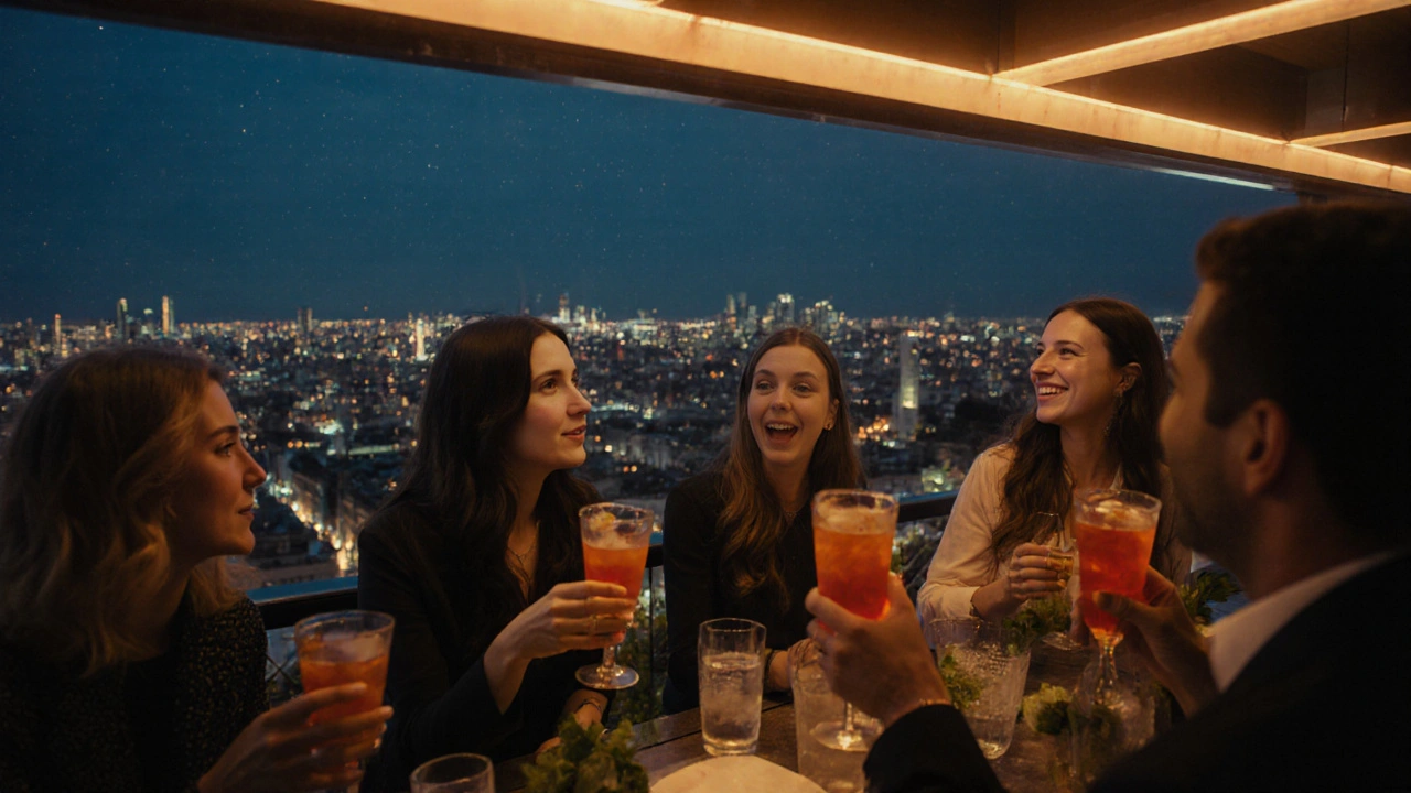Chique rooftop bar met mensen die Aperol Spritz drinken onder stadslichten.