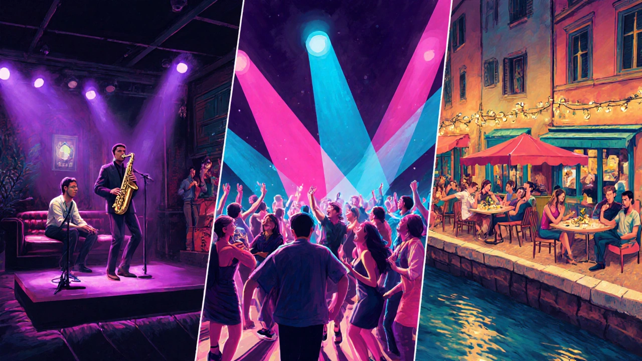 Dansende menigte in een stijlvolle club, jazzband in Isola en neonlichten.