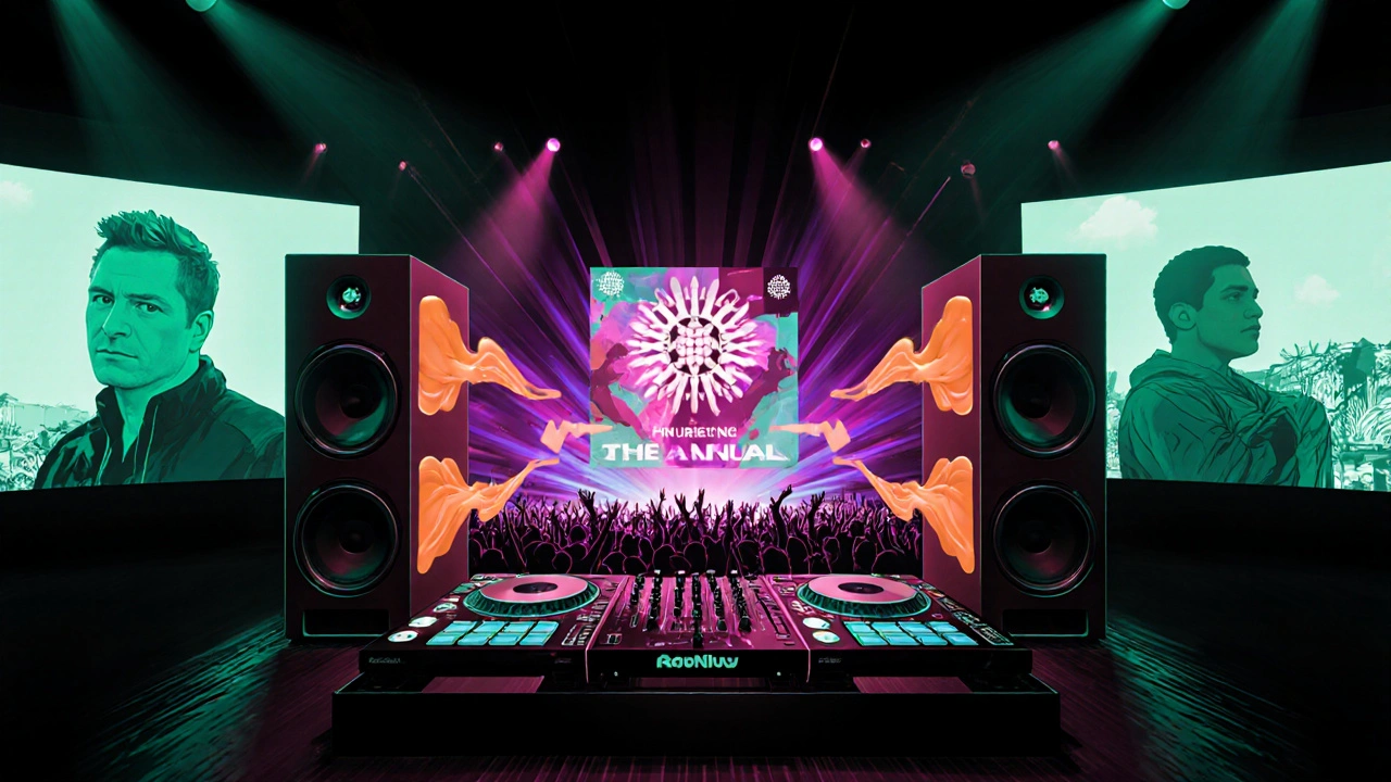 DJ in een high‑tech club met gigantische speakers, vizualisaties en wereldwijde festival‑sfeer.