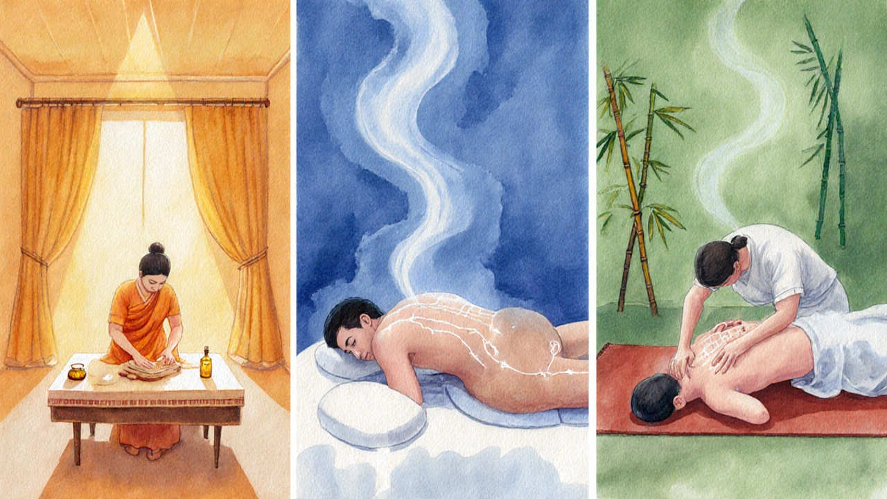 Drie kalme massageruimtes illustreren Indiase, Zweedse en Thaise technieken naast elkaar.