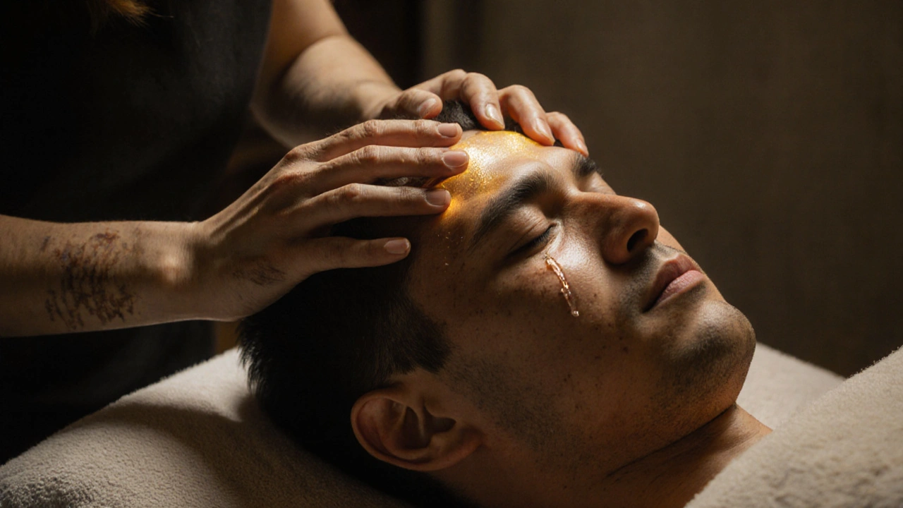 Een man met gesloten ogen en tranen op zijn wangen krijgt een hoofdmassage van een vrouw met warme, ervaren handen.