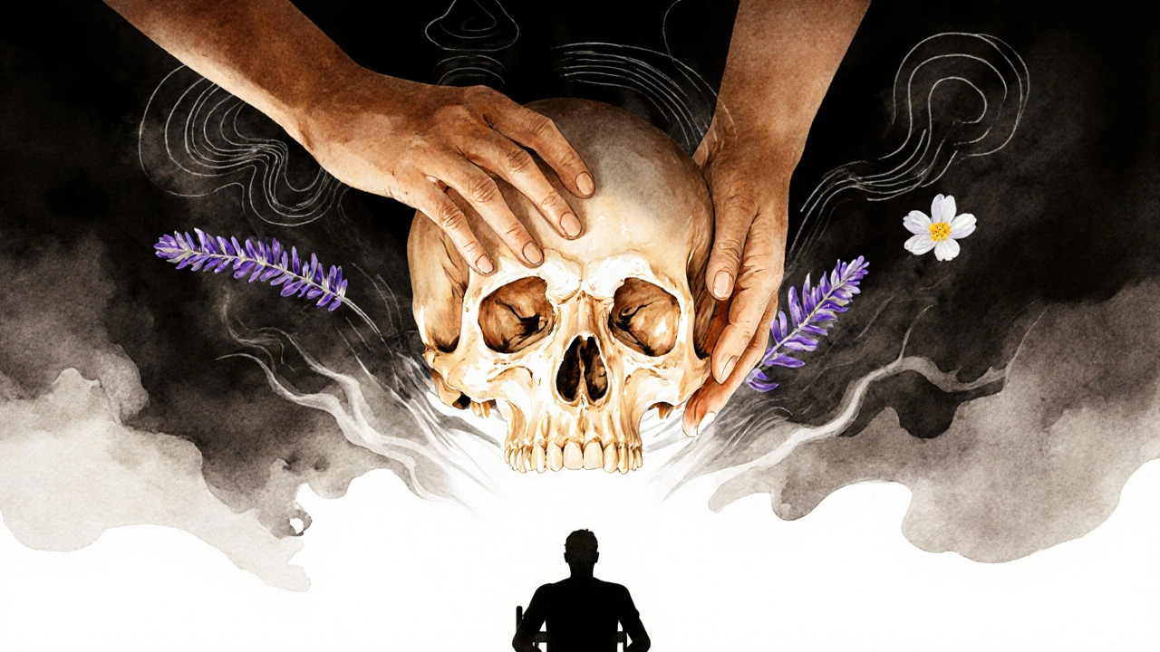 Een schedel die langzaam oplost in licht, omhuld door zachte handen en symbolen van rust en verlichting.