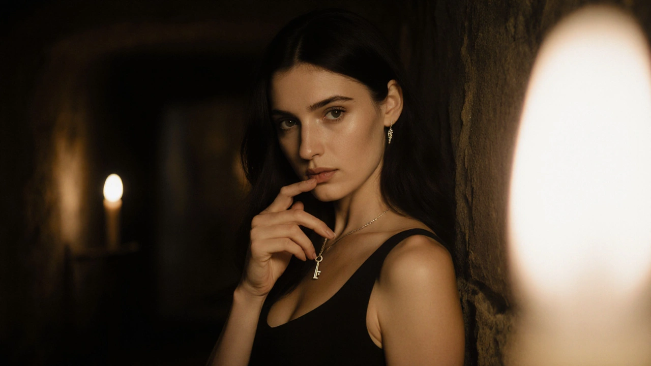 Een vrouw in een zwarte jurk met open rug, met een sleutelketting, haar ogen vasthoudend in het kaarslicht.