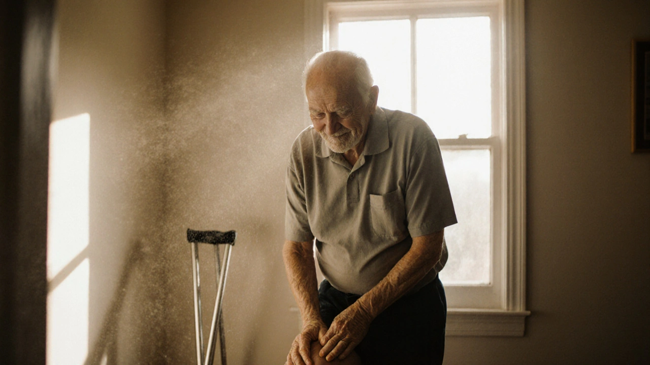 Elderly man self-massaging his thigh at home, standing confidently without crutches.