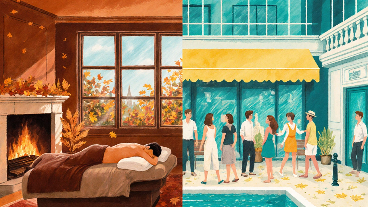 Gesplitste illustratie: herfst‑spa kalm links, drukke zomer‑spa rechts.