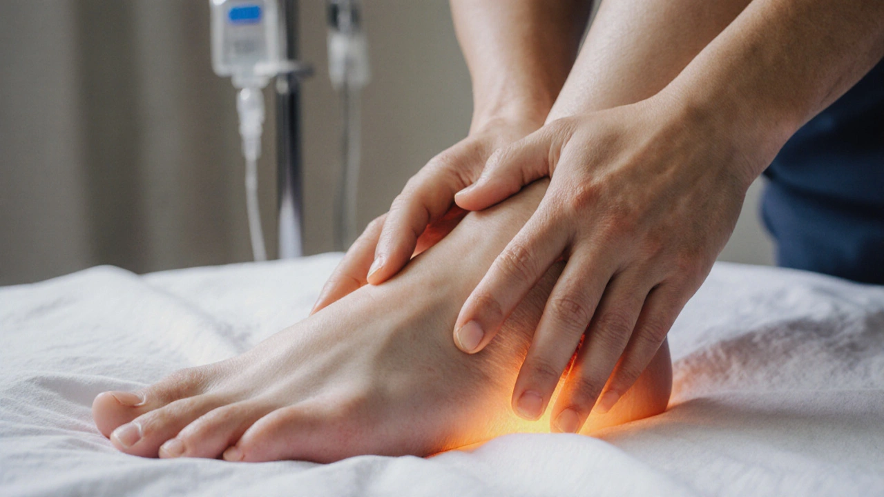 Hands gently massaging a swollen ankle with rhythmic, light movements.