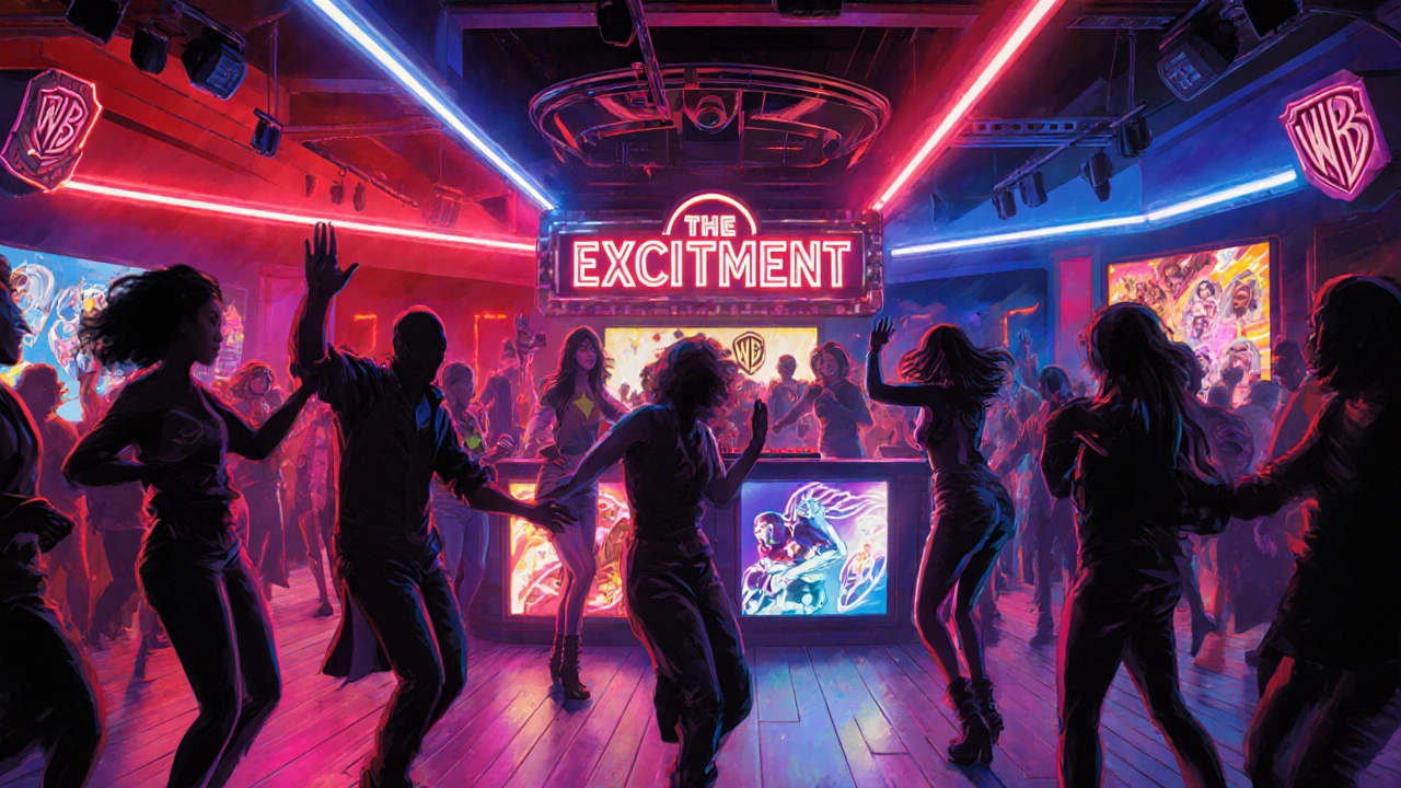 Hollywood‑thema nachtclub The Excitement Zone met neonlichten en dansende menigte.