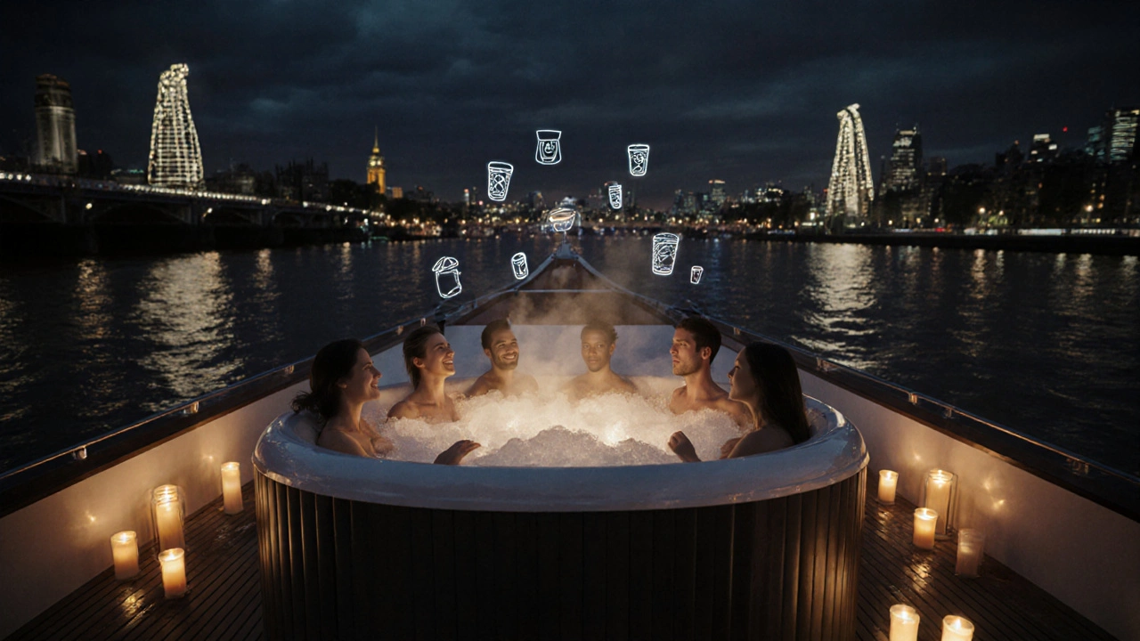 Hot‑tub bootfeest op de Thames, warme verlichting en skyline op de achtergrond.
