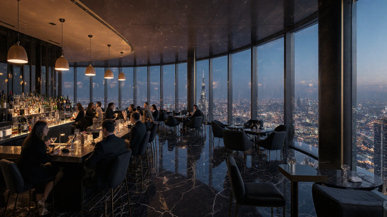 Luxueuze Sky Lounge op de 74ste verdieping van Etihad Towers met glaswanden en stadzicht.