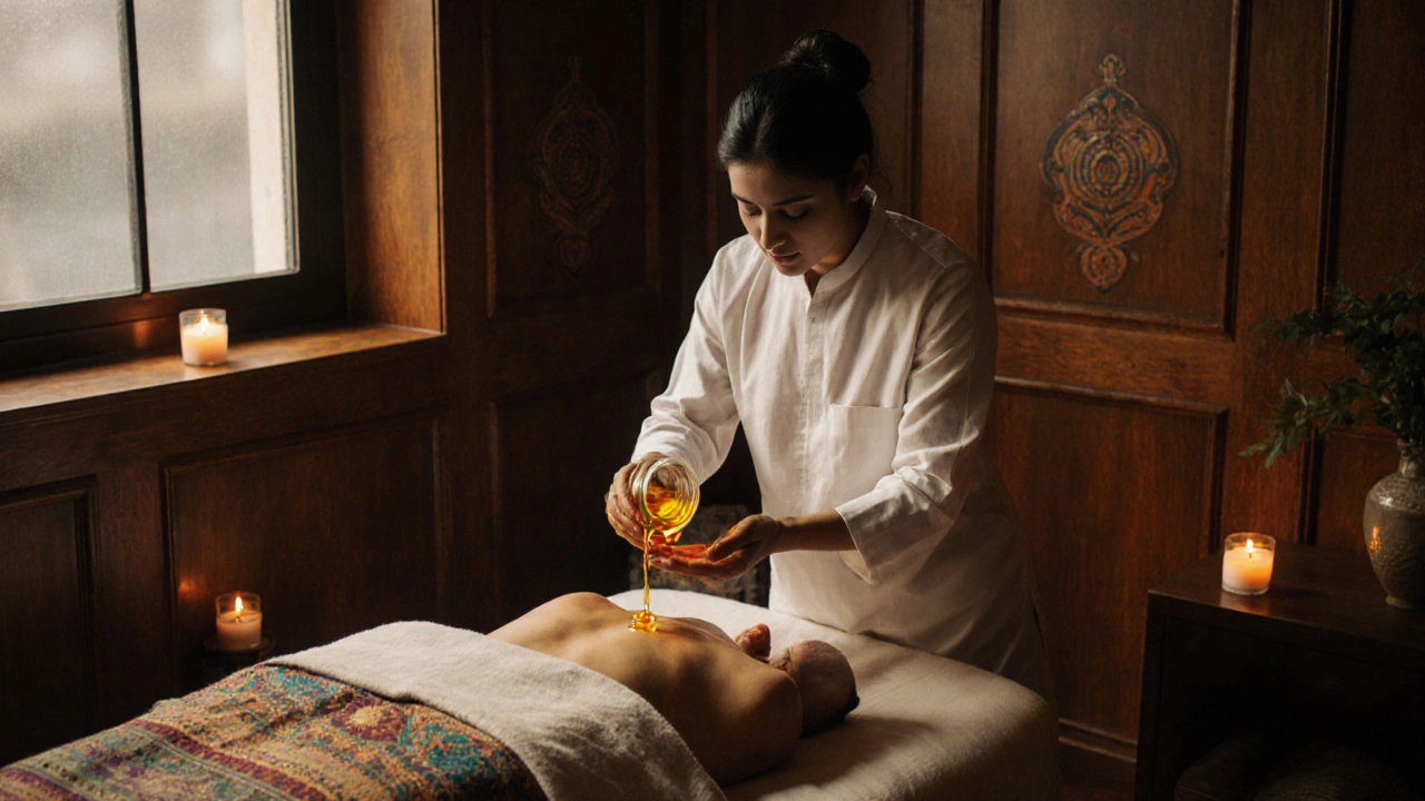 Therapeut masseert met warme Ayurvedische olie op een relaxerende massagetafel.