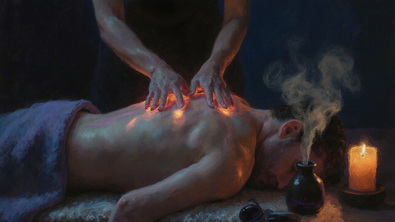 Thuis aromatherapie‑massage met zachte verlichting en warme handdoek.