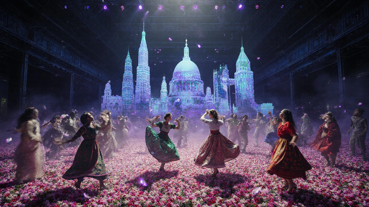 A global festival in an industrial hall with floating flowers and holographic world landmarks.
