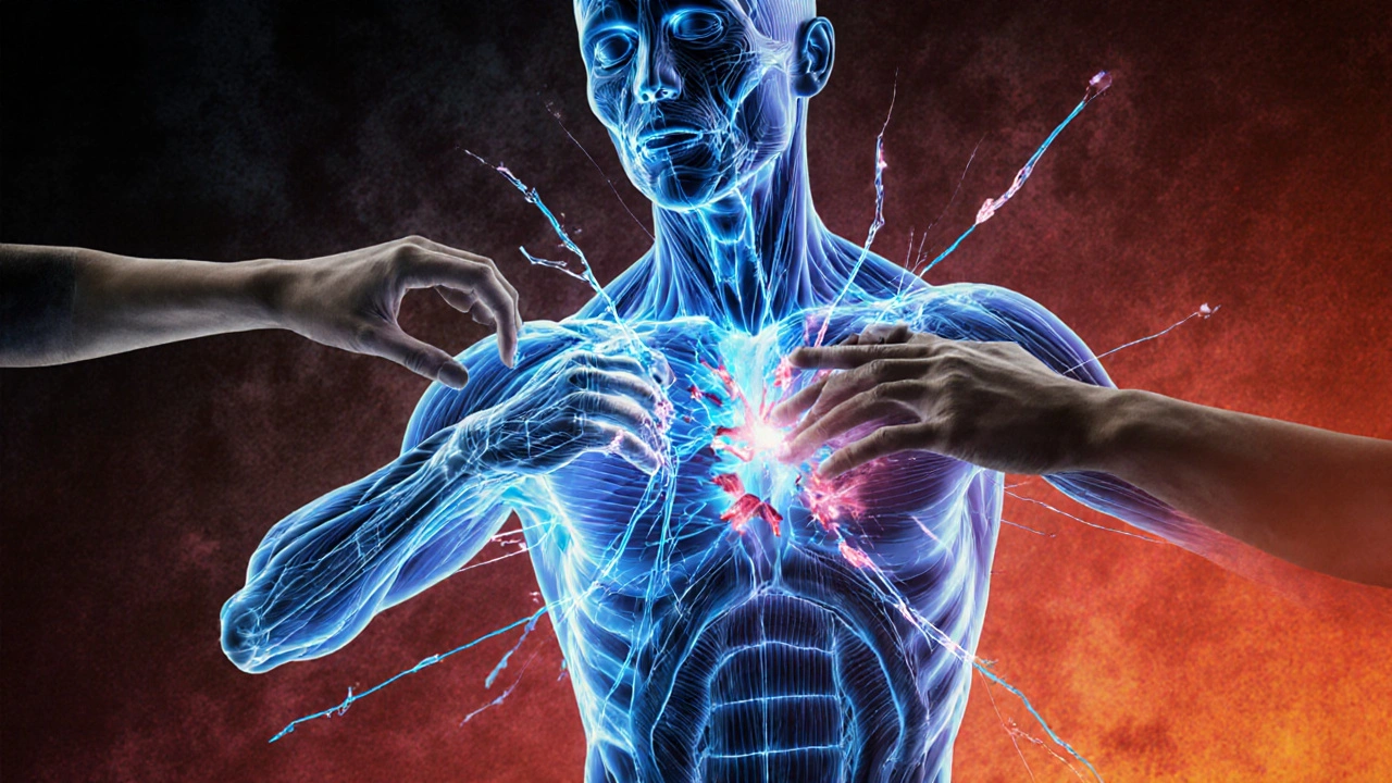 Abstrakt beeld van gespannen spiervezels die loskomen onder druk, met kleurverloop van donker naar licht.