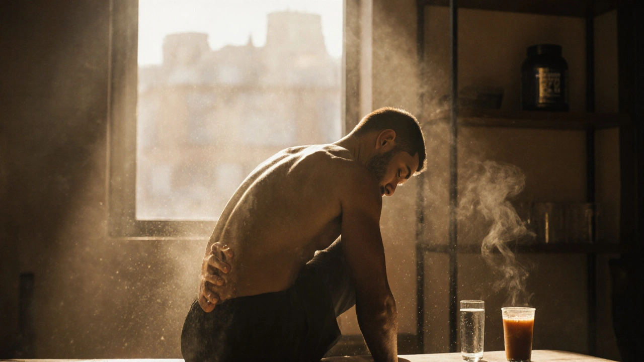 Atleet ademt diep na een sportsmassage, met water en eiwitshake naast zich, in een bescheiden herstelomgeving.