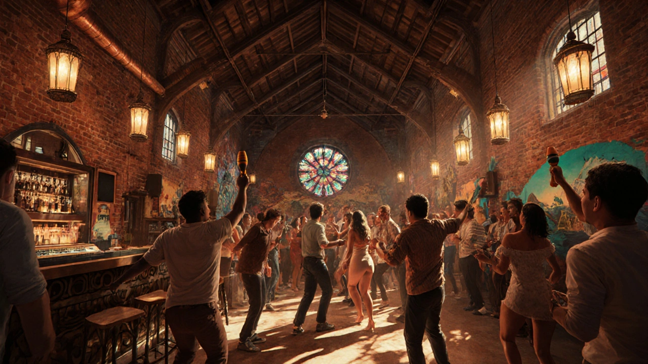 Couples dancing in a brick church with glowing sound systems and Latin American murals.