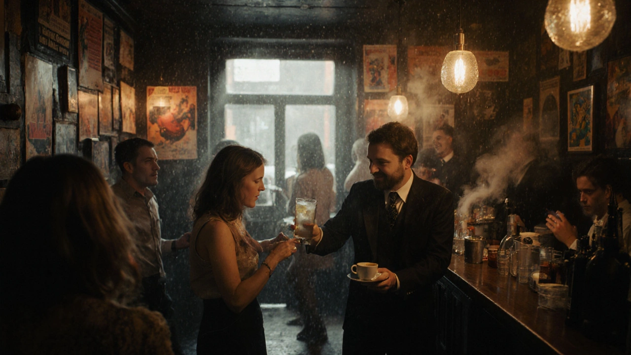 Crowd dancing at The Cross in Soho at dawn, walls covered in vintage rave posters, bartender serving a gin tonic.