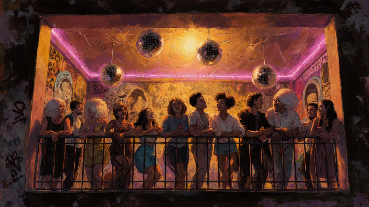 Crowd on Heaven&#039;s balcony at night, diverse people dancing and embracing under neon lights and vintage disco glow.