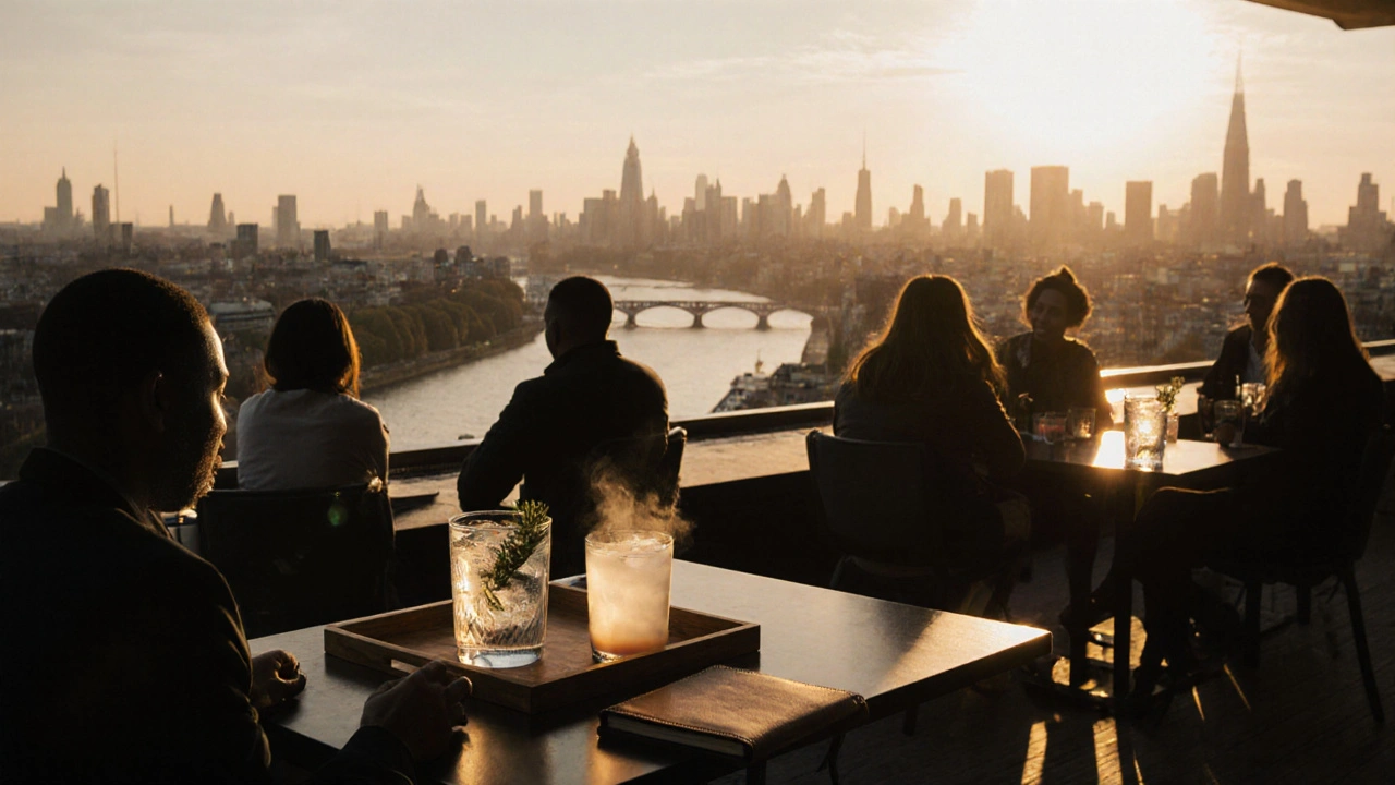 Een dakterras in King’s Cross bij zonsondergang met mensen die gin tonics drinken terwijl de Theems glinstert.