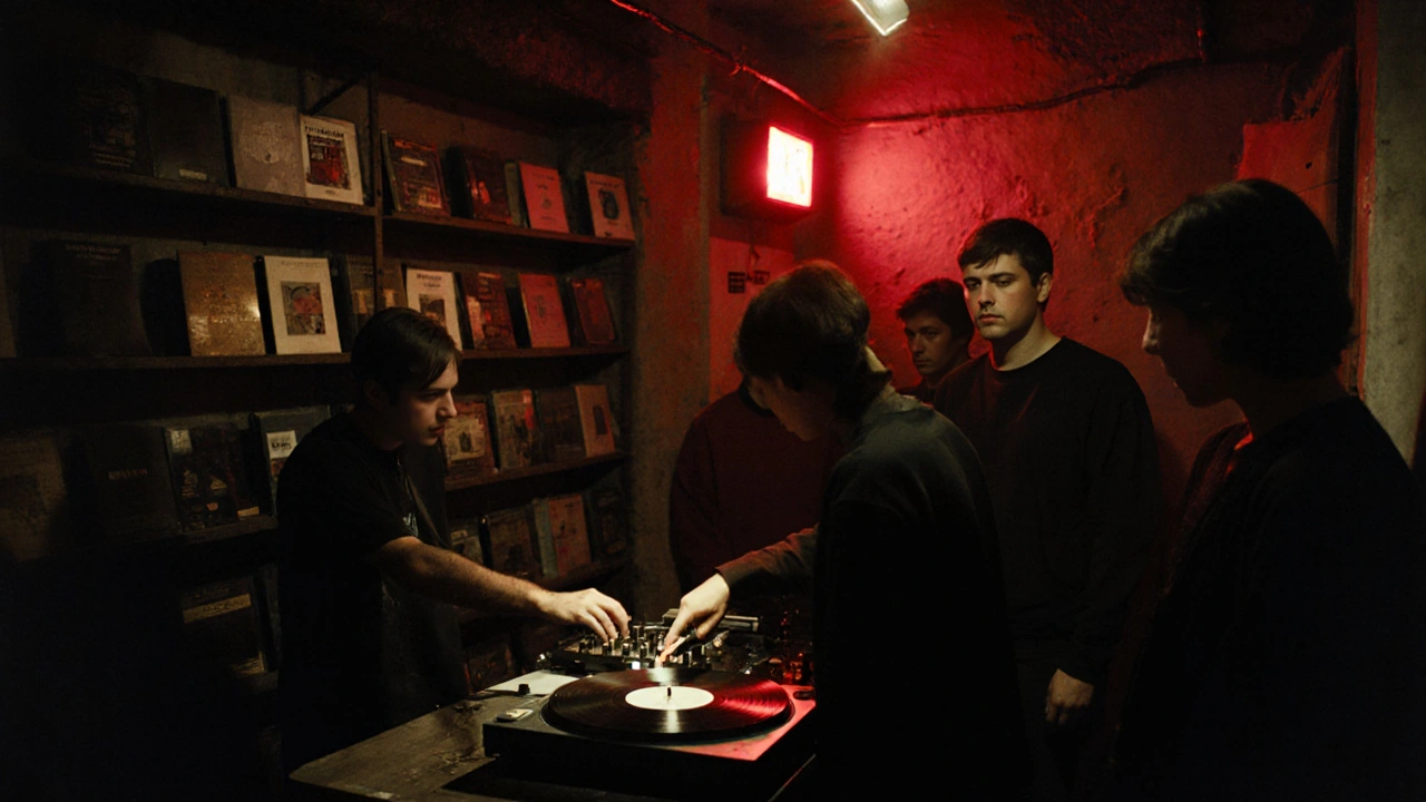 Een DJ in de kelder van Fabric speelt een vinyl op een rood licht, met een kleine groep luisteraars in stilte.