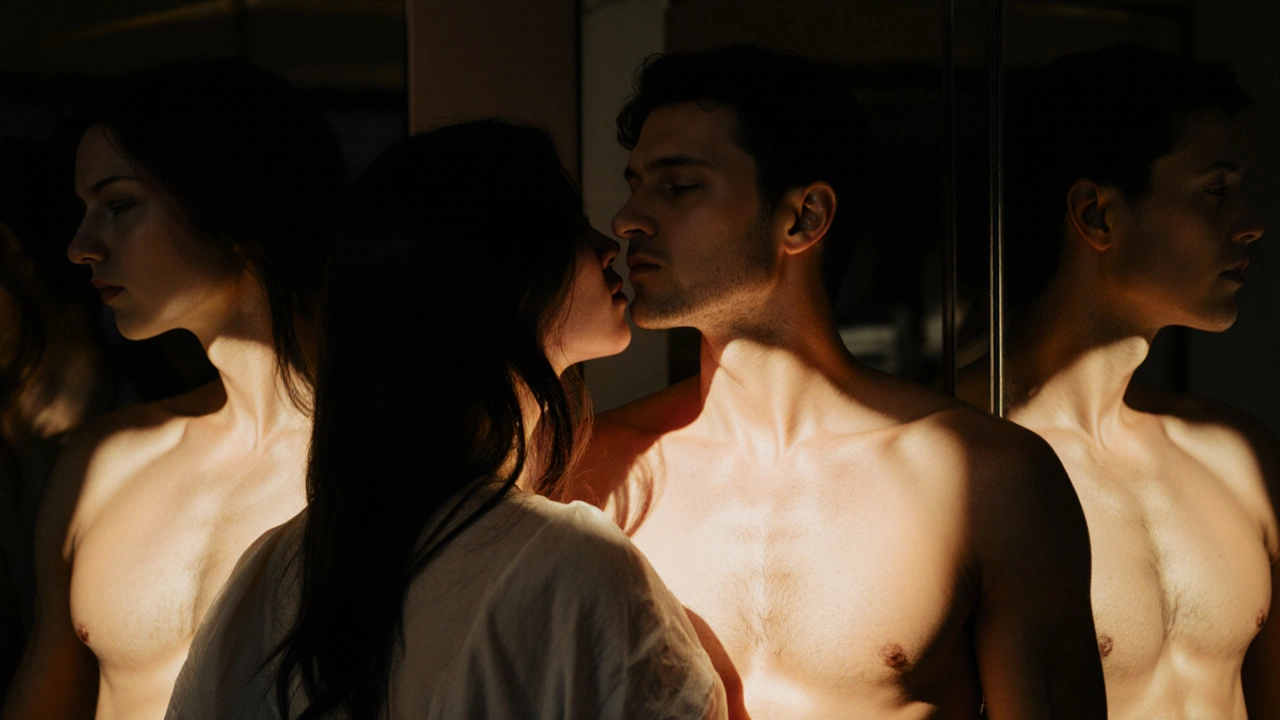 Een intieme omhelzing in een donkere hoek, huid tegen huid, spiegels vermenigvuldigen het moment.