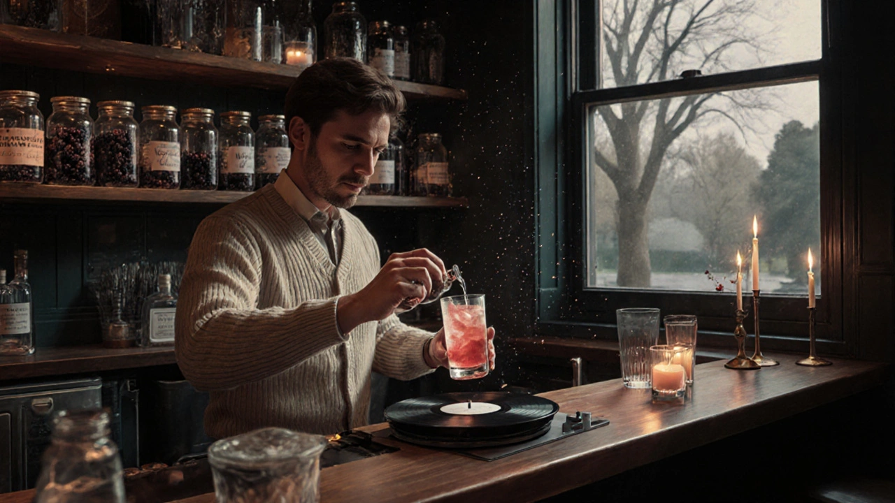 Een klein, intiem barretje met een muzikant-bartender die een lokale cocktail serveert bij zachte vinylmuziek.