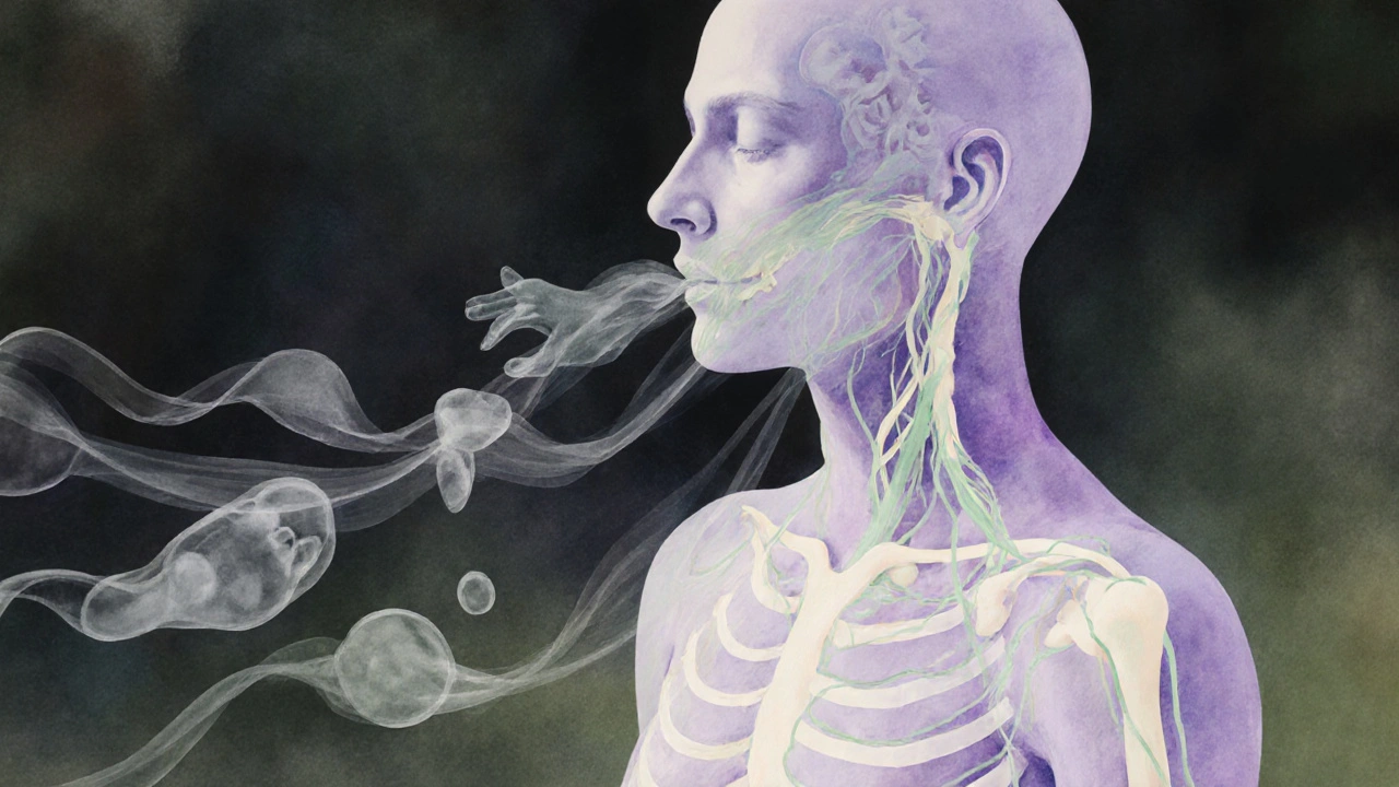 Een lichaam met zachte, vloeiende lijnen die het lymfestelsel vertegenwoordigen, in waterverfstijl.