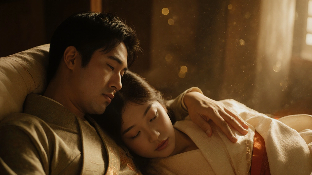 Een man en vrouw na de massage, rustend naast elkaar in stilte, met zachte lichtval en zijden kimono.