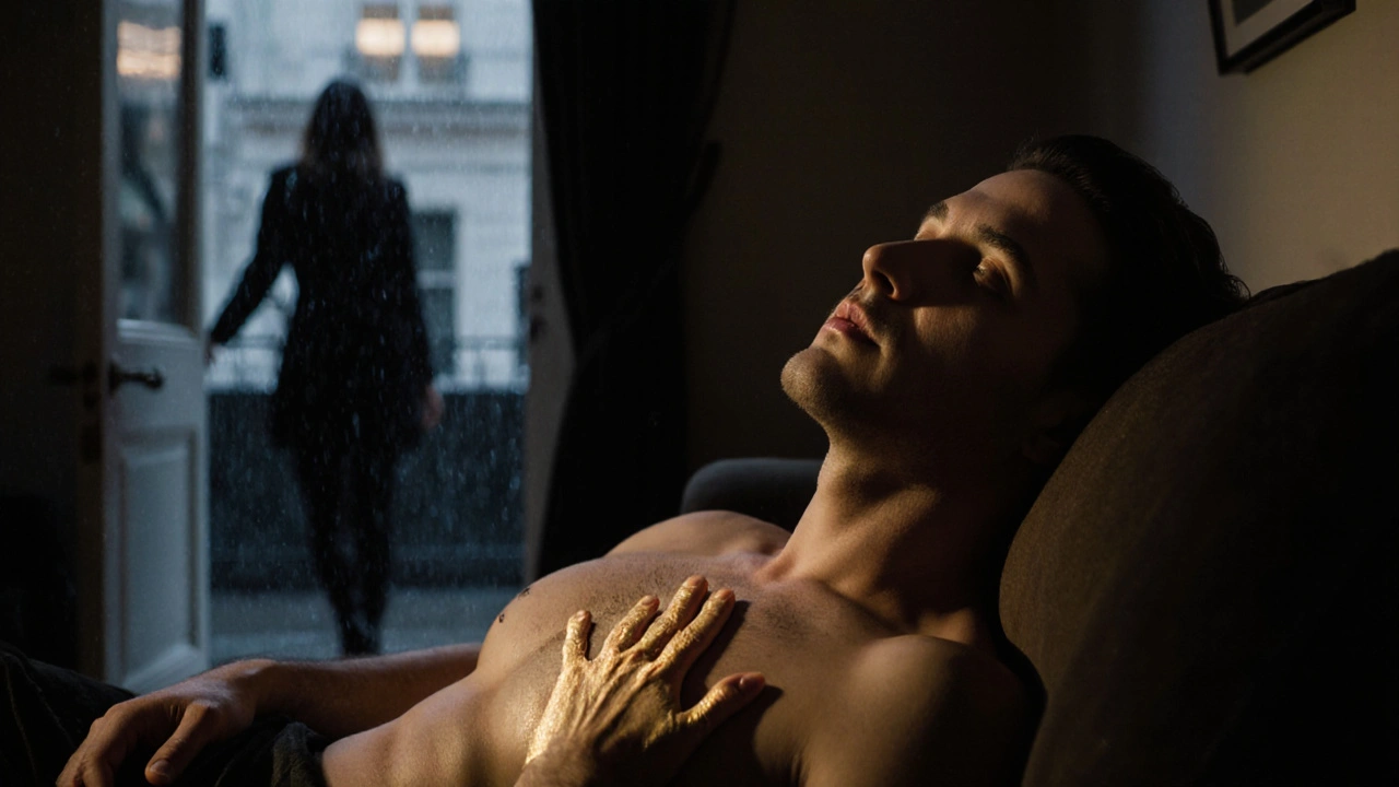 Een man ligt na een massage, een traan op zijn wang, terwijl de masseuse de deur verlaat in de regen.