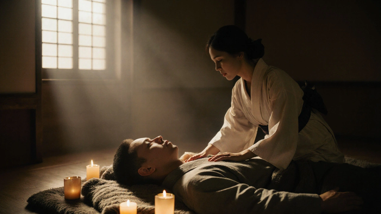 Een man ligt ontspannen op een deken, een vrouw legt haar hand op zijn borst — stilte, warmte en herstel in het licht van kaarsen.