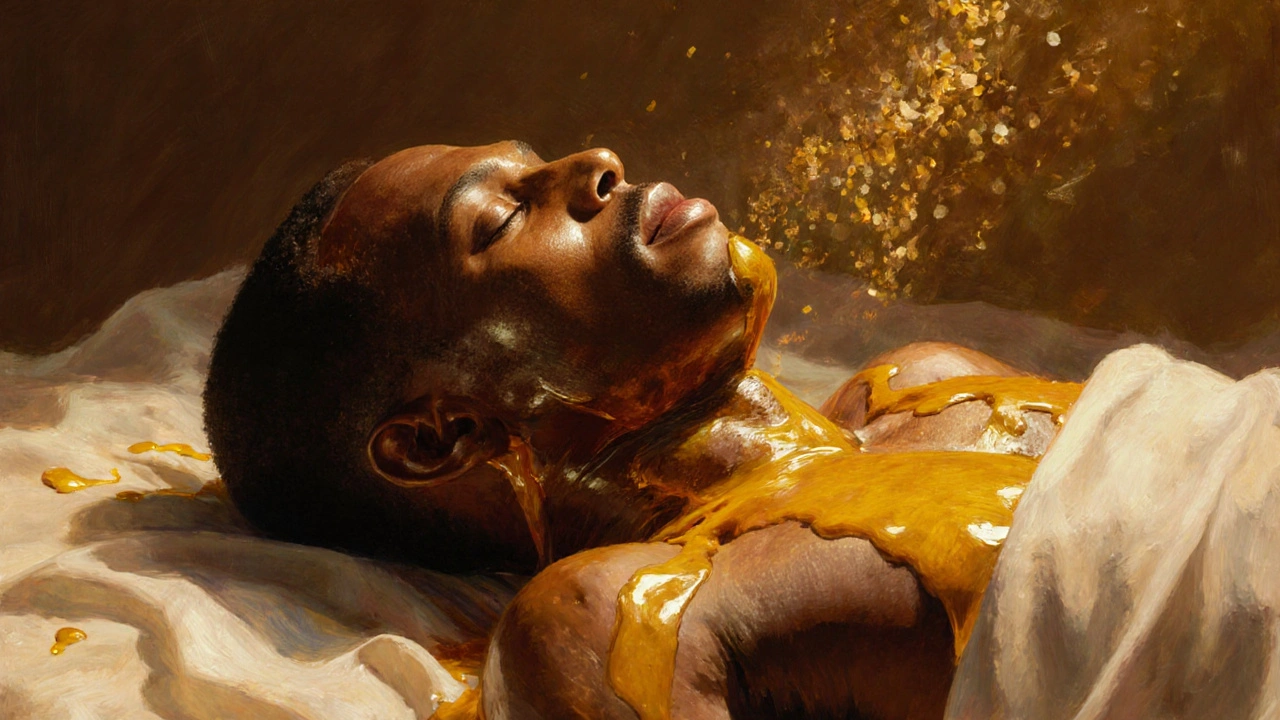 Een man met kokosolie op de rug, warm licht en zachte stof, ogen dicht in diepe ontspanning.