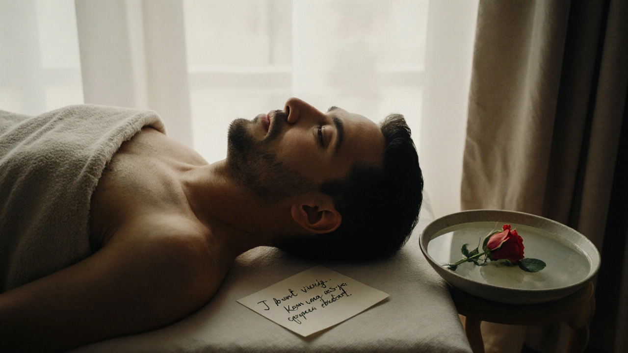 Een man na een massage, bedekt met een warme doek, een briefje op de tafel.