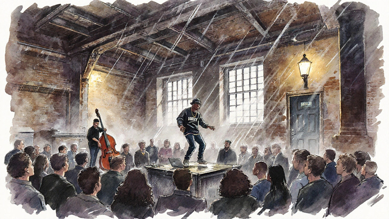 Een omgevormde fabriek in Peckham met een hip-hopartiest die freestyles voor een aandachtig publiek onder industriële verlichting.