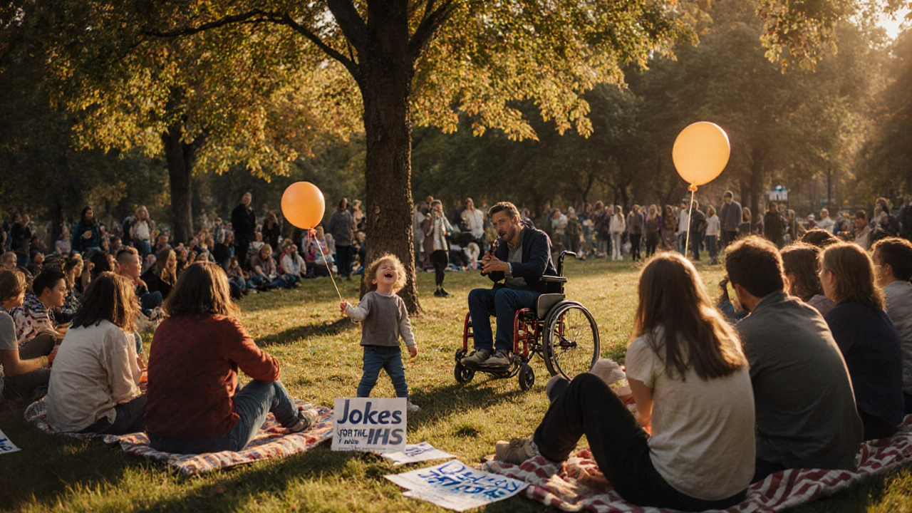 Een openlucht comedyvoorstelling in Victoria Park met een publiek op de grond onder bomen.
