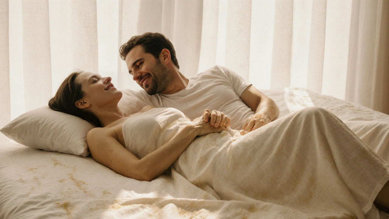 Een paar ligt naast elkaar in de ochtendzon, stil en verbonden, na een gemeenschappelijke massage.