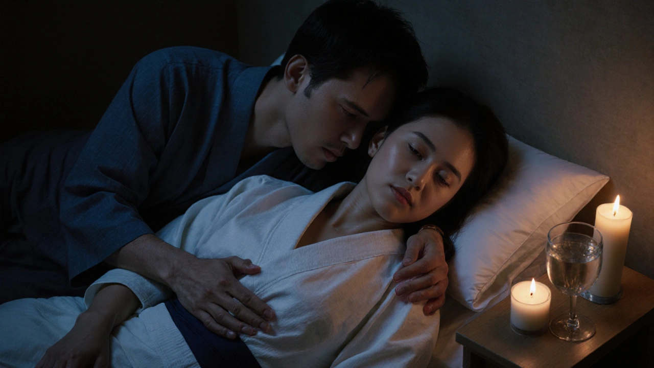 Een paar ligt naast elkaar na de massage, hoofd op borst, stilte en verbinding in het kaarslicht.