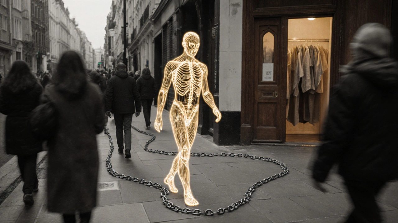 Een persoon in een drukke Londense straat waar hun lichaam langzaam verandert in een gloeiend netwerk van ontspanning.