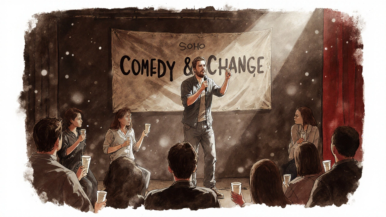 Een publiek in het Soho Theatre dat stil luistert naar een comedian over sociale thema&#039;s.