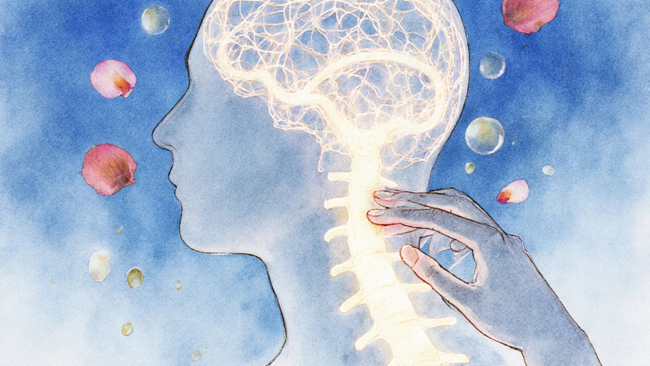 Een silhouet met lichtende zenuwbanen van hoofd naar nek, symboliserend emotionele bevrijding.