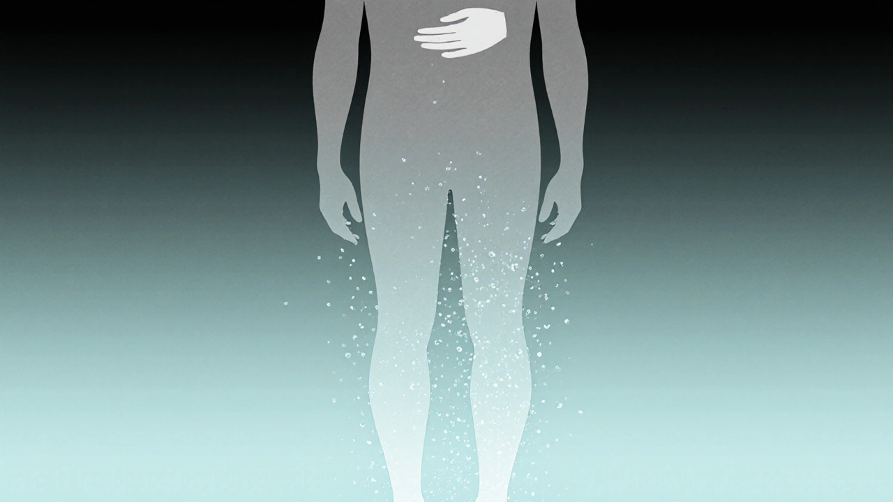 Een silhouet van een mens waarin vermoeidheid verandert in licht en helderheid, met zwevende druppels.