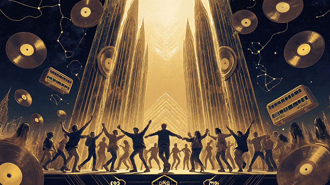 Een symbolische weergave van Ministry of Sound als een kathedraal van geluid, met luidsprekers als spitsen en bassgolven als gouden lichtstralen.