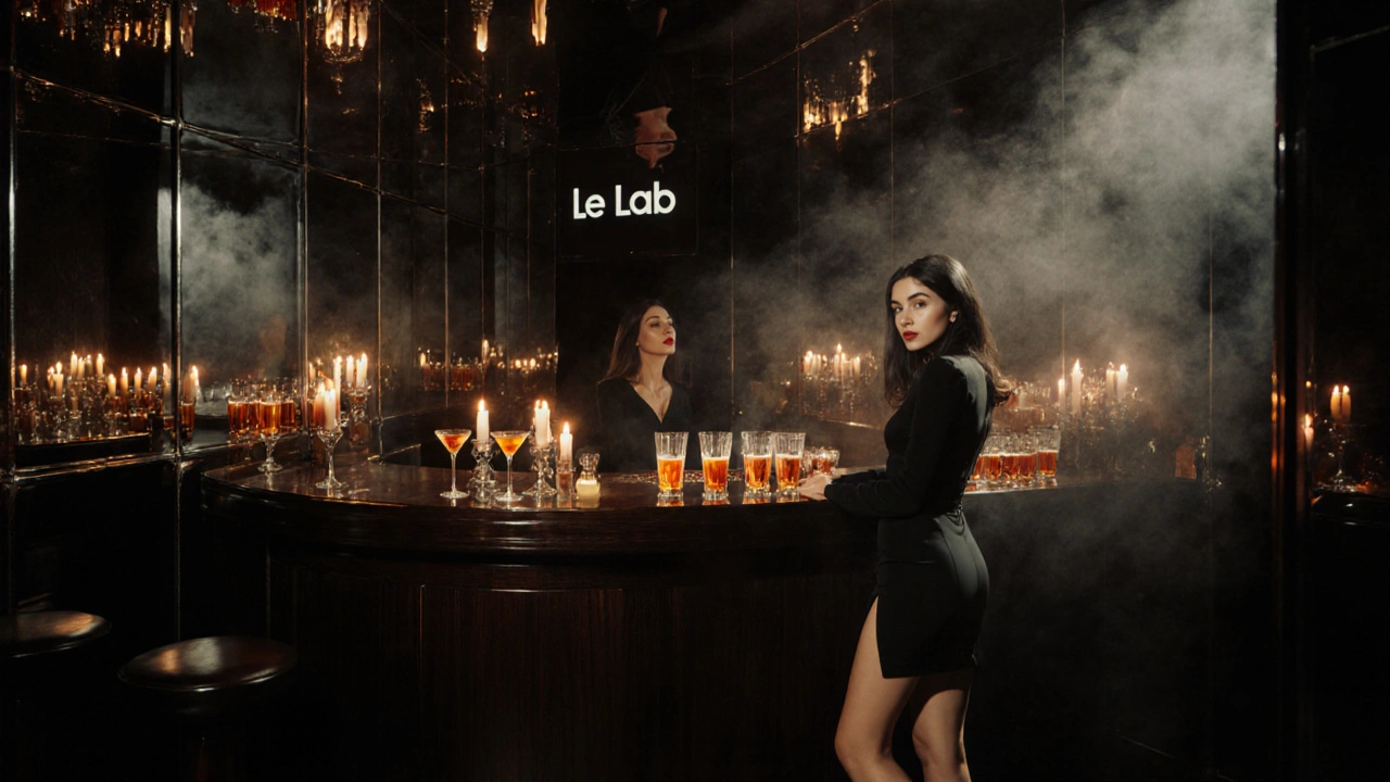 Een vrouw achter een houten bar in een verborgen nachtclub, rood lippen, donkere jurk, spiegels en rook.