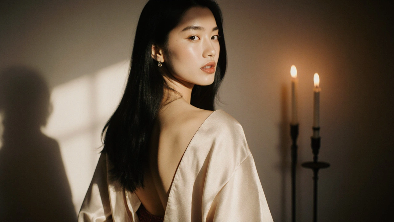 Een vrouw in een zijden kimono met lang, zwart haar, staande in een kaarsverlichte kamer, haar ogen kijken direct naar de kijker.