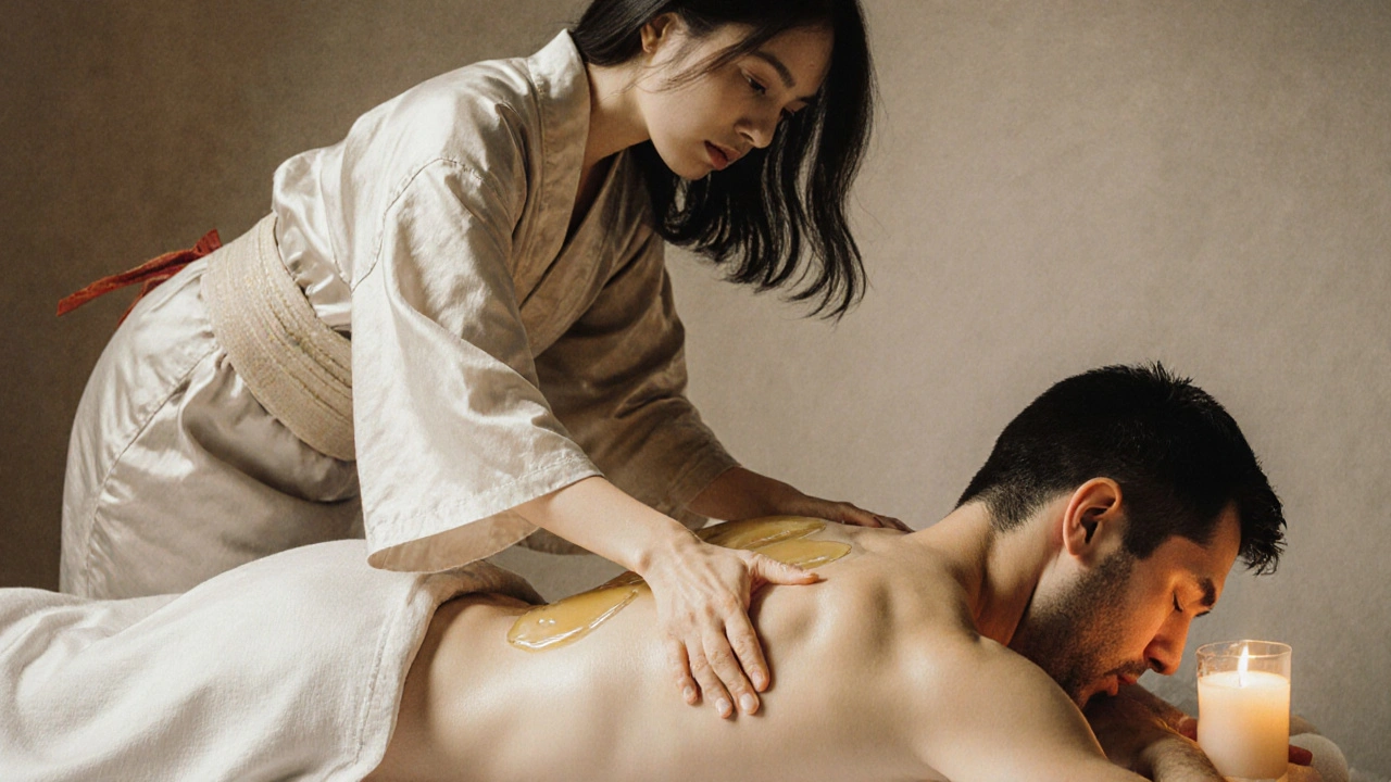Een vrouw masseren een man op zijn rug met olieglinsterende huid, in een serene, verduisterde ruimte.