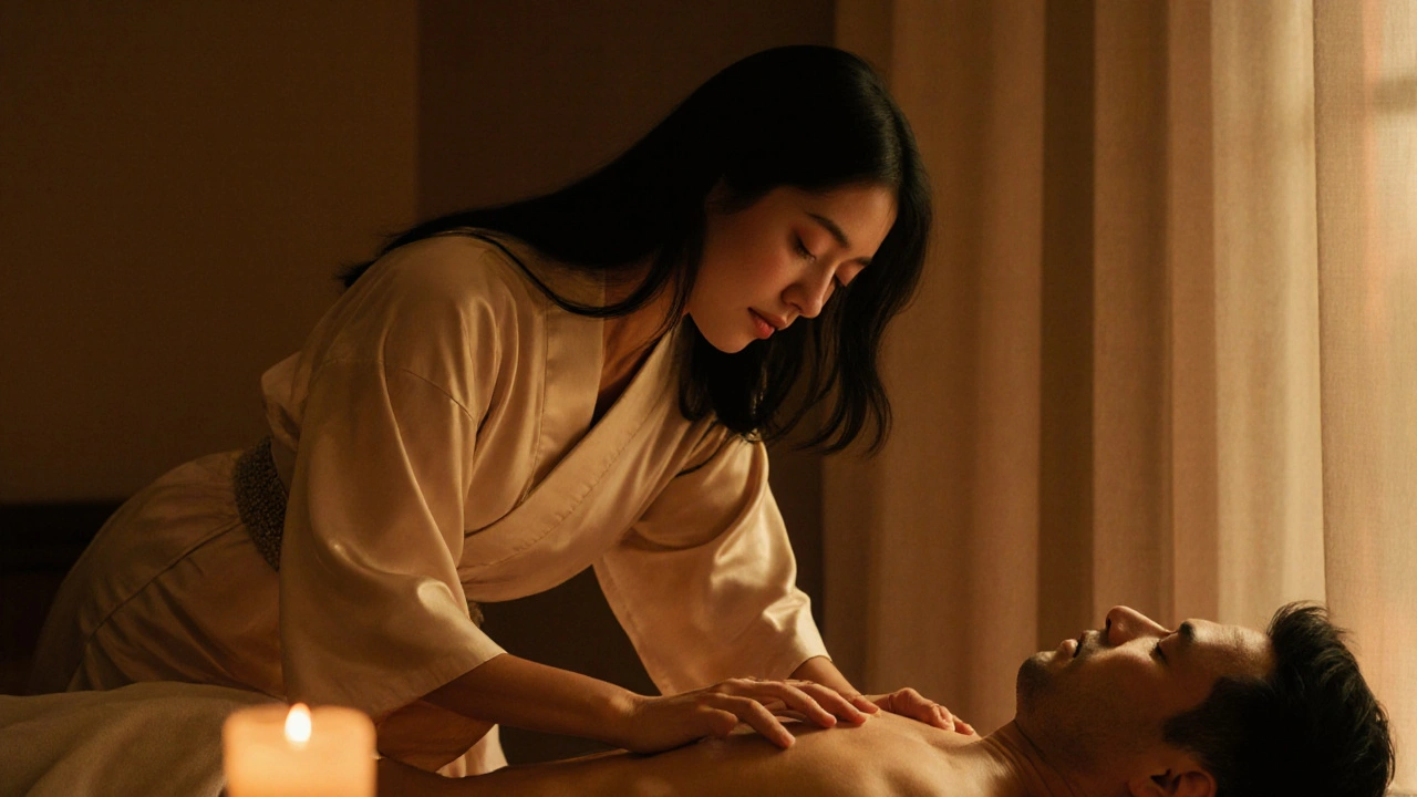 Een vrouw met een zijden kimono masseert de rug van een man in zacht kaarslicht, hun huid gouden van olie.