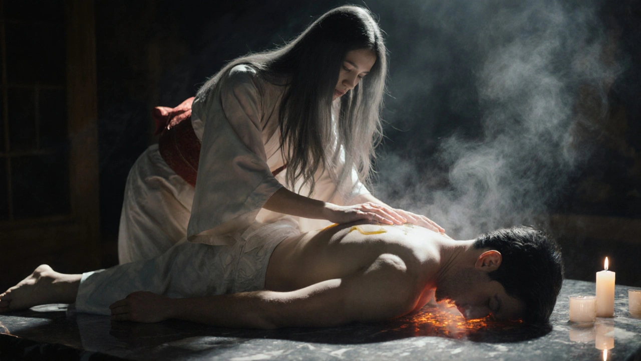 Een vrouw met lange donkere haren en zijden kimono, haar handen boven een man op de tafel.