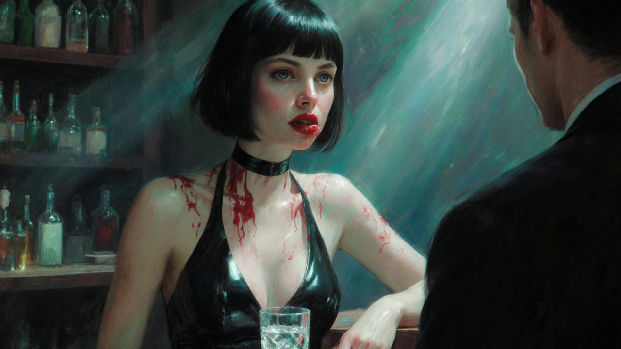 Een vrouw met zwarte haar en groene ogen, in glinsterend latex, met bloedrode lippen, in een donkere bar met zachte lichtreflecties.