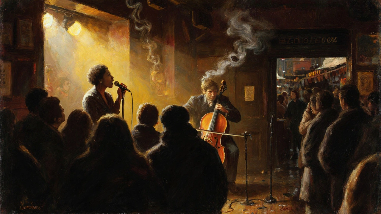 Een warme, mistige jazzbar in Camden met een zangeres op het podium en een cellist die een emotievolle melodie speelt.