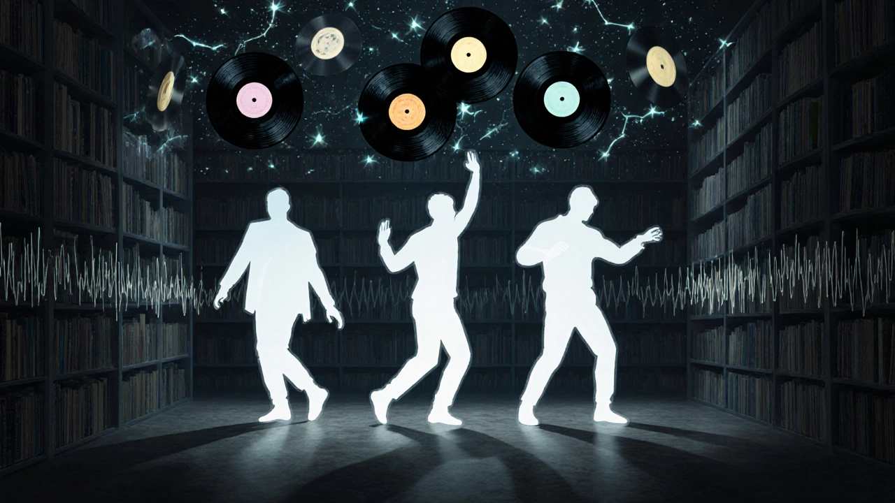 Een zwevend archief van vinylplaten in een oneindige ruimte, geïllustreerd als lichtende sterren met silhouetten van DJs die dansen.