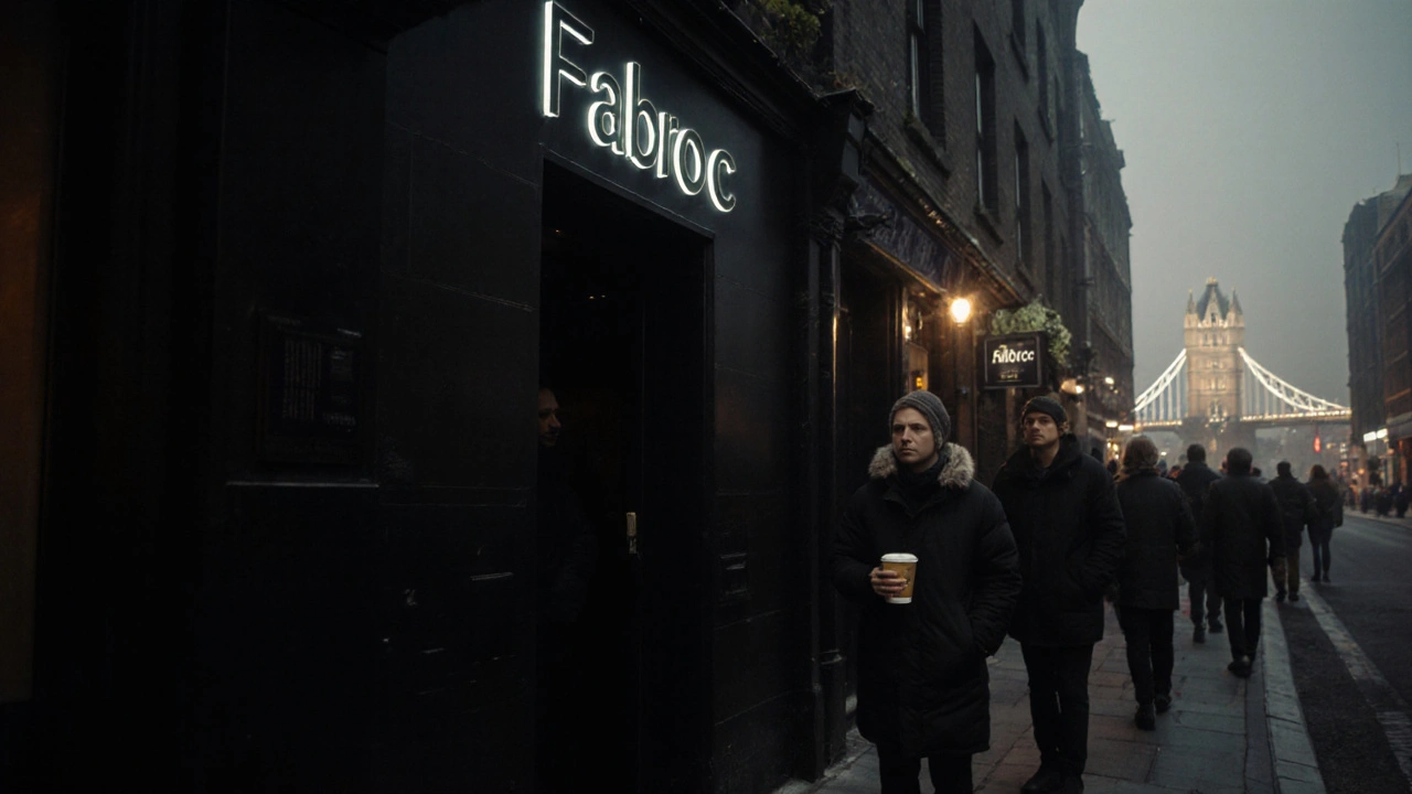 Eenvoudig, donker gebouw met een kleine deur in Londen, een rij mensen wacht in de mist buiten, geen verlichting of borden.