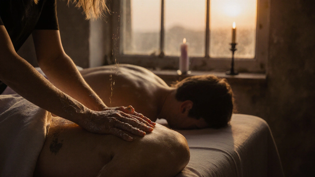 Gewoende handen met olie glijden langs de rug van een man tijdens een intieme massage.